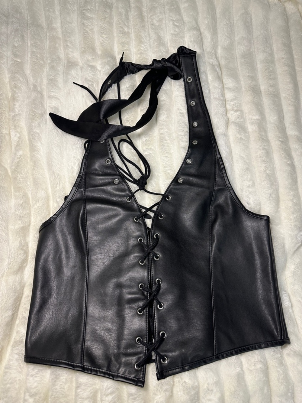 SHEIN Black Lace-Up Faux Leather Halter Crop Top - Picture 3 of 5